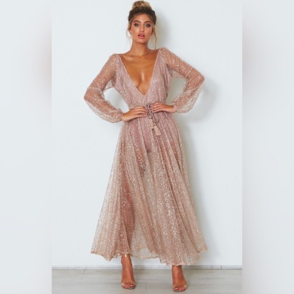 White Fox Sheer Glitter Gown Maxi Dress Rose Gold